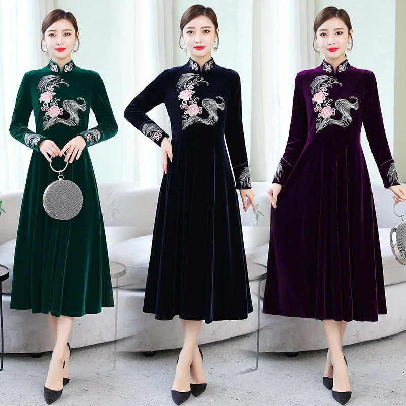 

2019 Autumn And Winter WOMEN'S Dress Velvet Improved Cheongsam Dress Retro Chinese-style Embroidered Dress