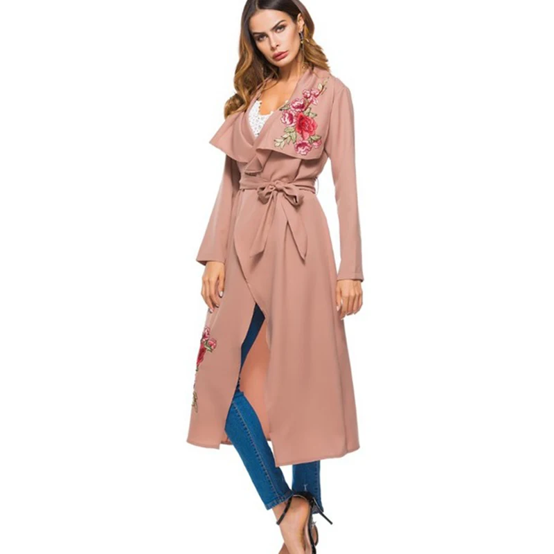 

Long Coat Woman Clothes Elegant Trench Casual Embroidery Flower Turn-down Collar Cotton Slim Coat with Belt Mode Female Outwear