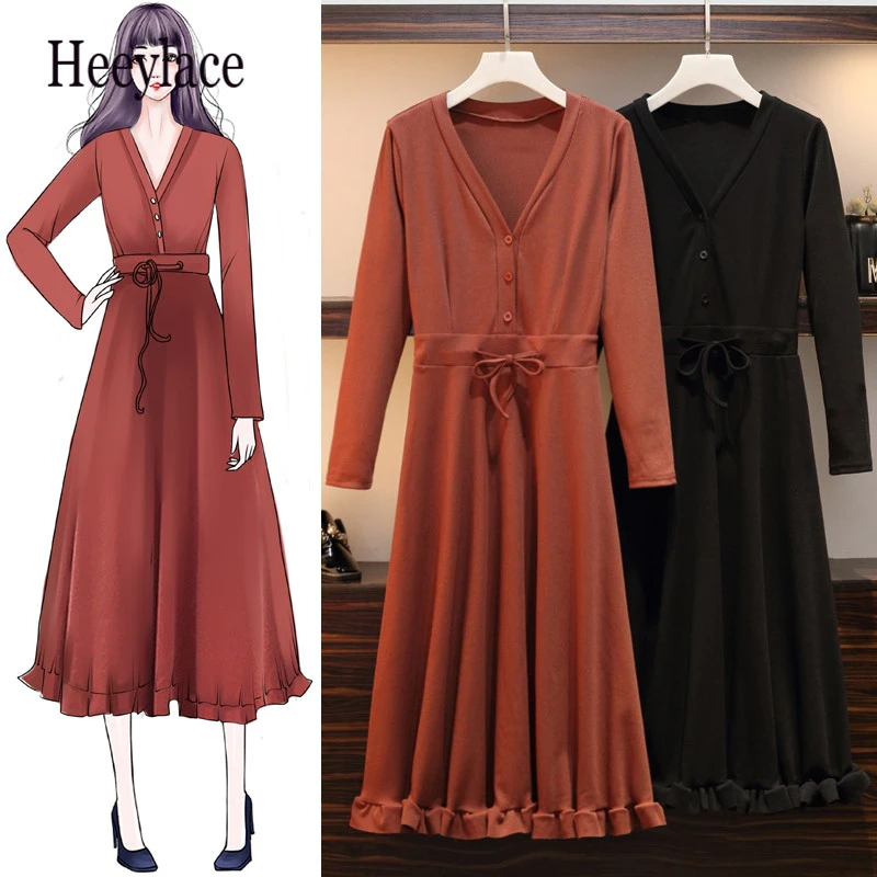 

Plus Size 2019 Autumn Elegant Dress Woman Fashion Long Sleeves V Neck Slim A Line Female Dresses Oversize XL-5XL