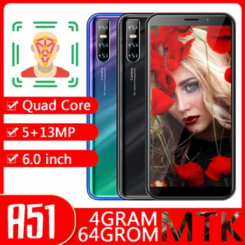 

A51 3G WCDMA Mobile Phone 4GRAM+64GROM Quad Core Android Smartphones 6.0" Face ID Wifi Unlocked Celulars 13 MP Camera MTK Phones