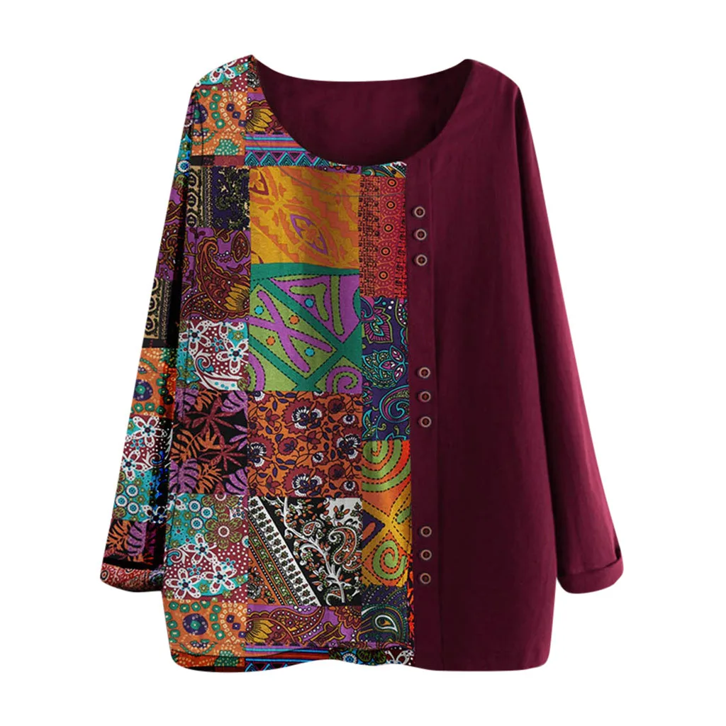 

Womens Tops And Blouses Ladies Casual Plus Size Printed Patchwork Blouse Long Sleeve Button Tunic Pullover Tops Oversize M-5XL