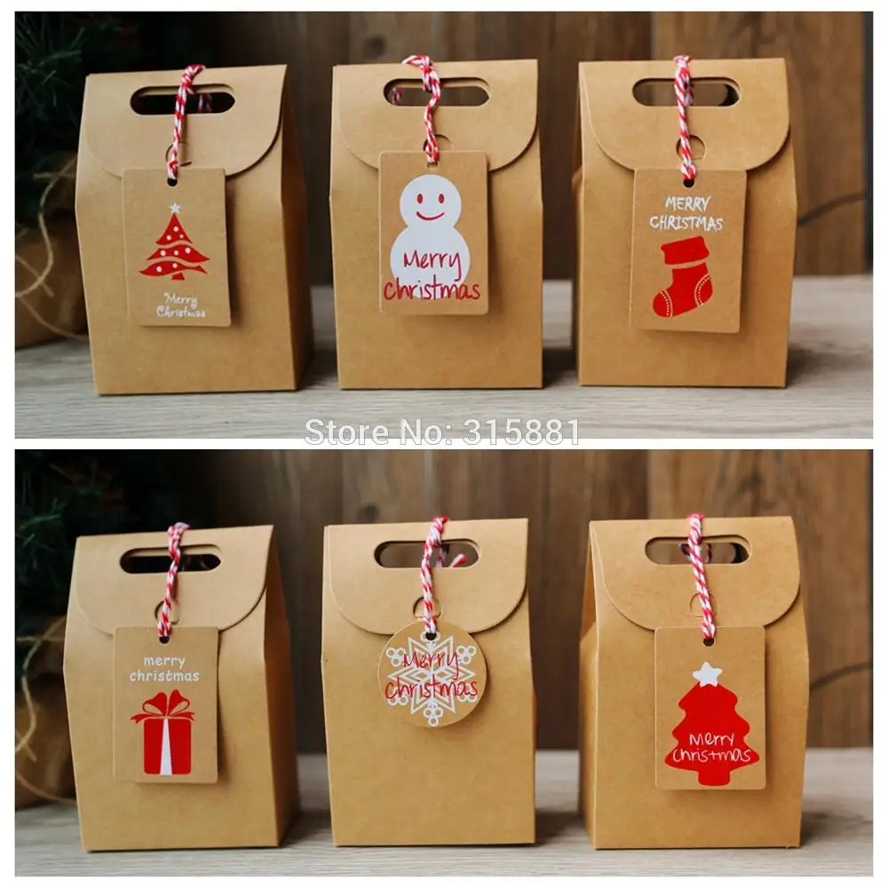 S/M Christmas Kraft Paper Gift Bags Brown With Handle For Festival Supply Ou 