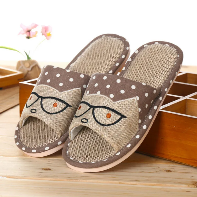 

Dropshipping Shoes Men High Quality Flax Slippers 2019 New Style Home Linen Striped Slip Slippers Summer Cartoon Glasses Floor