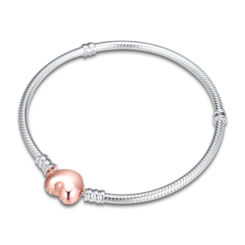 Rose Heart 925 пробы серебряный браслет с застежкой в виде сердца и змеиной цепочкой, браслет из розового золота с чешскими кристаллами для изготовления ювелирных изделий своими руками - Окраска металла: Rose Heart