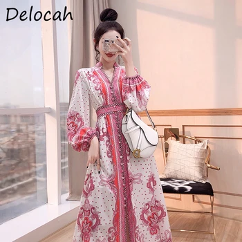 

Delocah Women Autumn Fashion Runway Party A-Line Dress High Waist Lantern Sleeve Vintage Printed Shirts Style Midi Dresses 2020