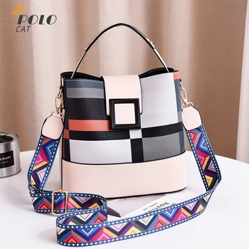

2020 New Arrival High Quality Plaid Bucket Wide Straps Shoulder Messenger Bags Casual Fashion Women Purses белая Сумка женская