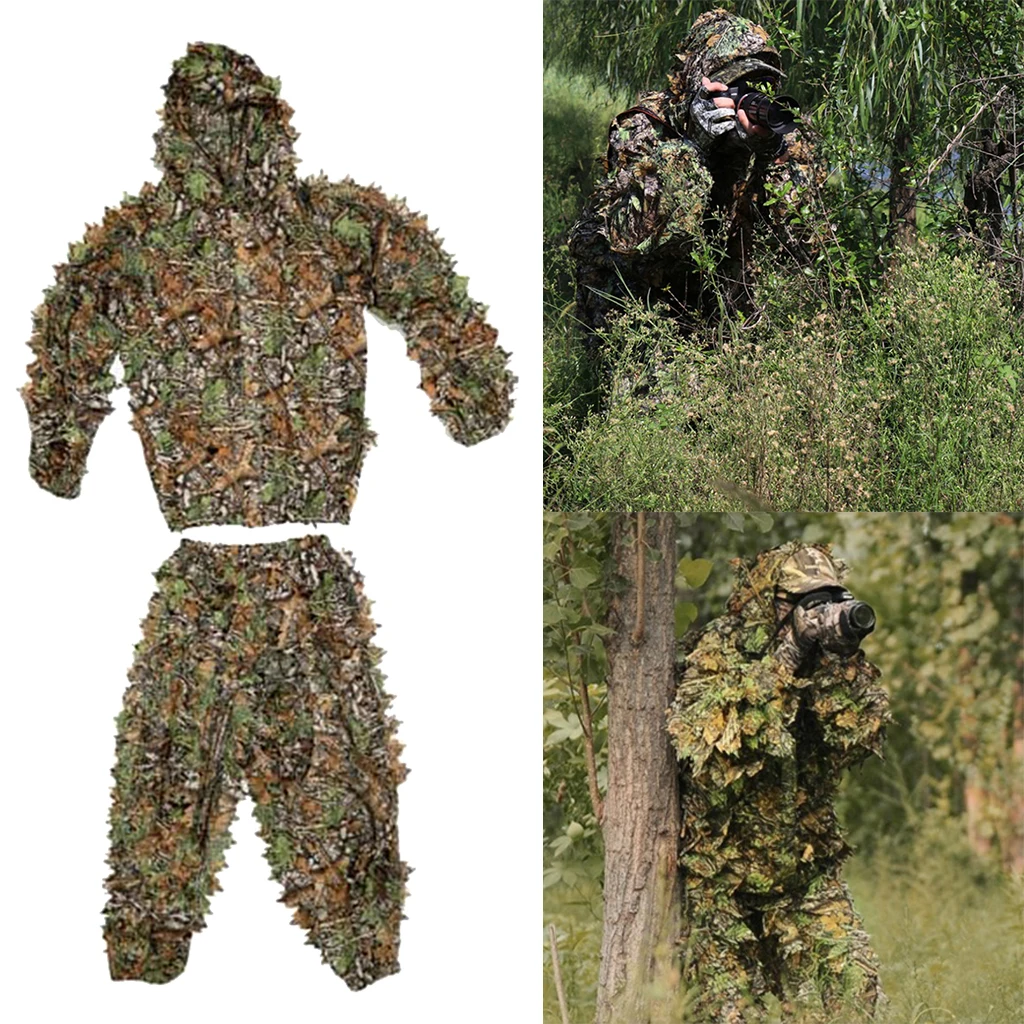New Hunting clothes 3D Leaves Huntting Camouflage Clothes Ghillie Suit Jacket Hooded Pants Jungle Youth Adult Clothing Suit