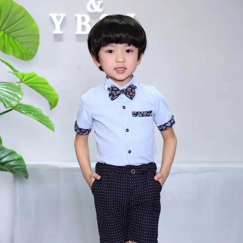 Детская рубашка для мальчиков; детская белая рубашка в Корейском стиле с короткими рукавами и отложным воротником