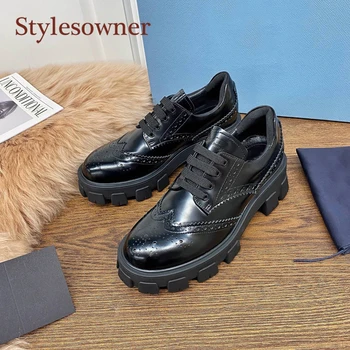 

Stylesowner 2020 Autumn Winter Retro Thick-soled Height-Increasing Patent Leather Shoes Lace-up Wedge British Style Shoes Women