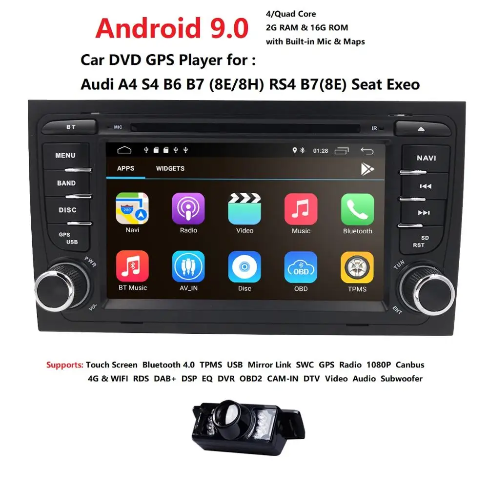 

For Audi A4 S4 2003-2012 2 din android 9.0 car multimedia dvd player GPS radio stereo Steering wheel DSP IPS 8 CORE 4G 64G OBD2