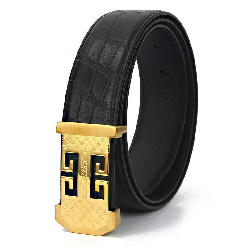 

MEN'S Leather Belt Leather Belt Casual Buckle Cowhide Smooth Buckle Belt Double-Sided Full-grain Leather New Style Crocodile Pat