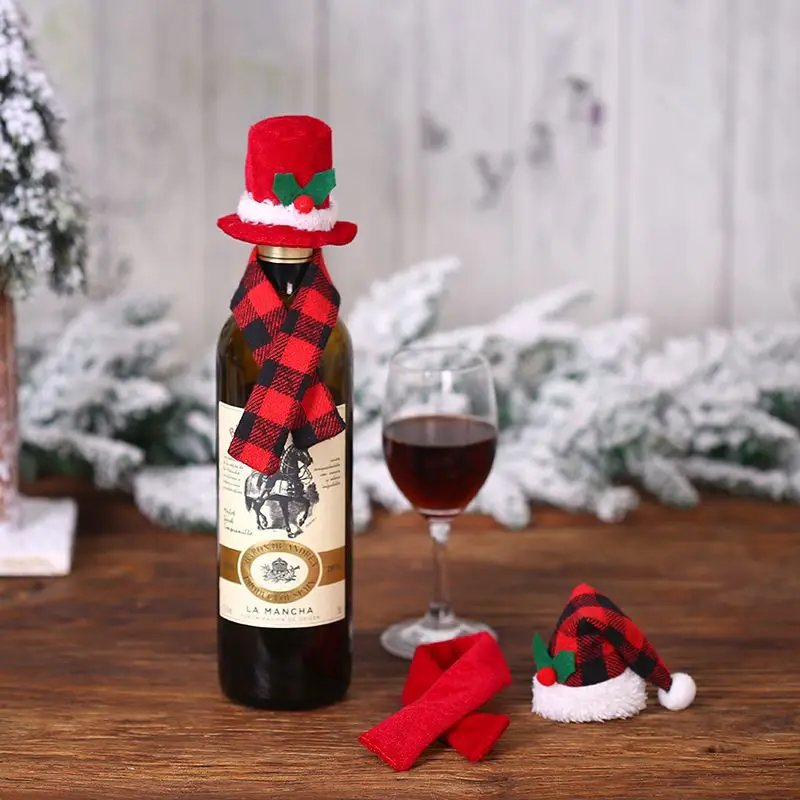 Christmas Wine Bottle Cover Scarf And Hat Festival Decorations For New Year Holiday Home Party Dining Table Decor