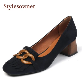 

Dark Blue Thick Heel Single Shoes Women's Mid-Heel 2020New French Retro Tassel Chain SquareToe Slip-On High Heel Casual Shoes