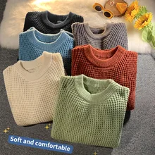 

HFYF waffle round neck sweater men's fall 2021 long-sleeved sweater loose ins trendy tops men's and women's pullover loose large