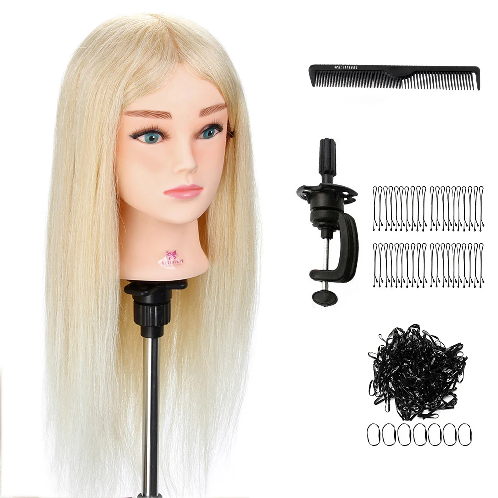 

Mannequin Practice Doll 20'' 100% Real Hair Blue Eye Salon Head Styling Hairstyles Doll Training Head + Clamp Hair Tool