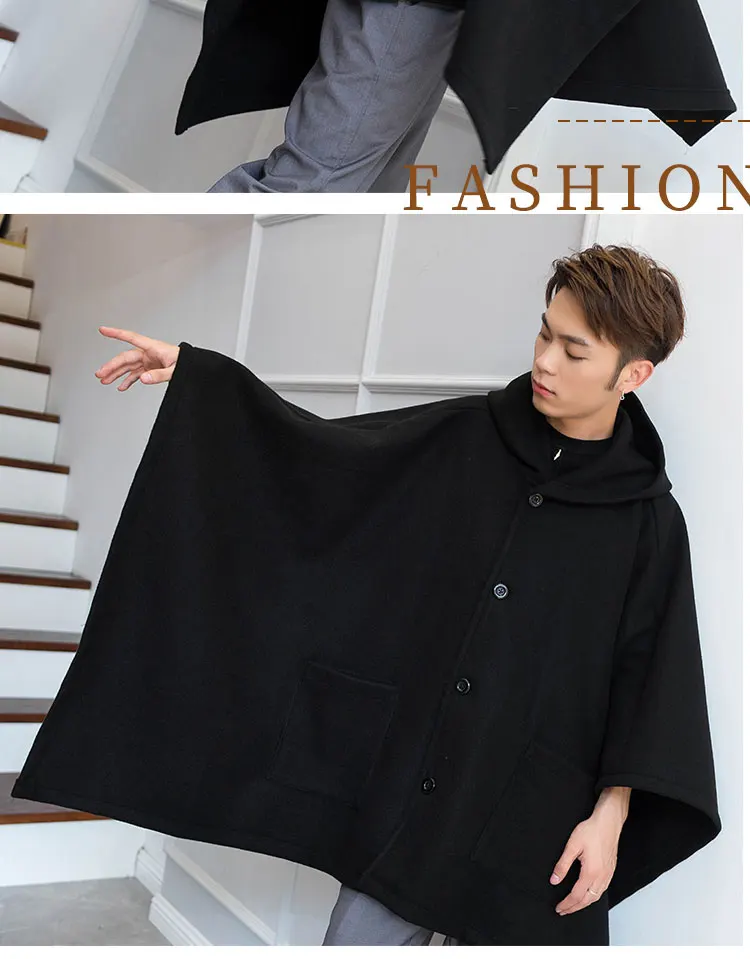 Loose mid-length single-breasted autumn and winter woolen coat hooded cloak coat male dark shawl cloak hip hop