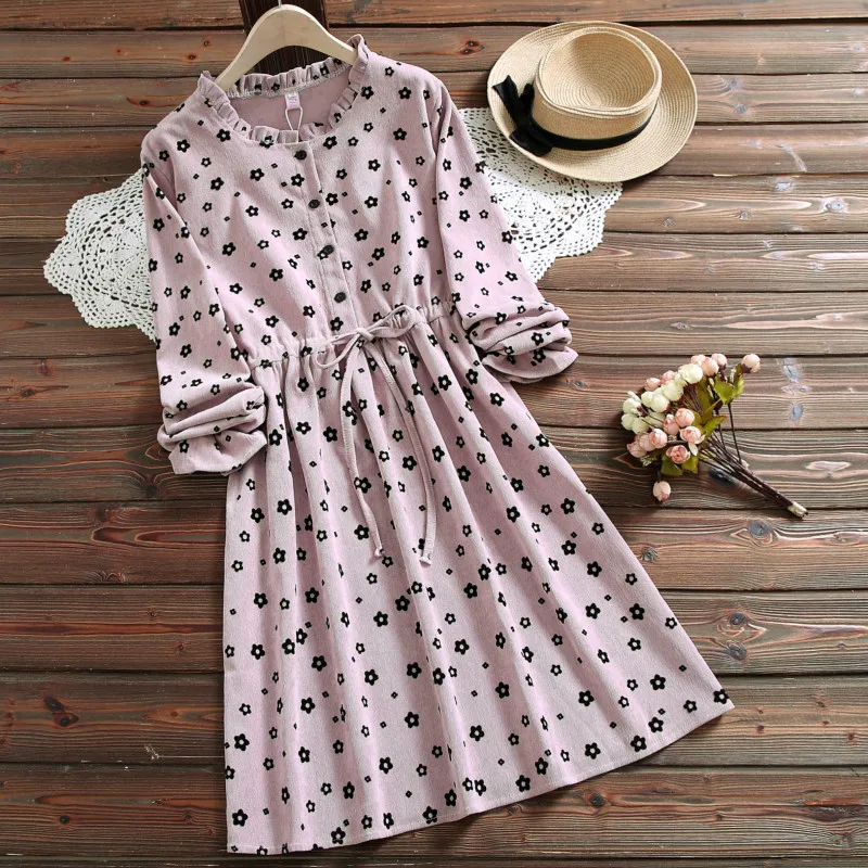 Осенне-зимние винтажные женские платья, повседневные свободные платья с длинным рукавом и цветочным принтом, вельветовые платья с завязками на талии 4,7 - Цвет: pink
