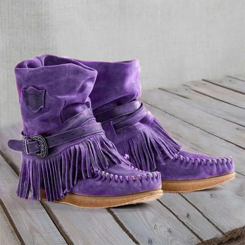 Women Ankle Short Boots Tassels Round Toe Buckle Strap Boots Ethnic Style Warm Non-slip Boots Shoe For Ladies Botas Mujer