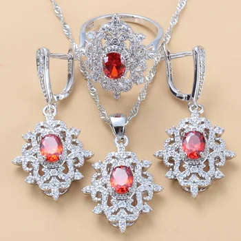 

Elegant Women Wedding Costume Jewelry Sets Natural Stone Red Garnet Dangle Earrings And Necklace Ring Bridal Sets