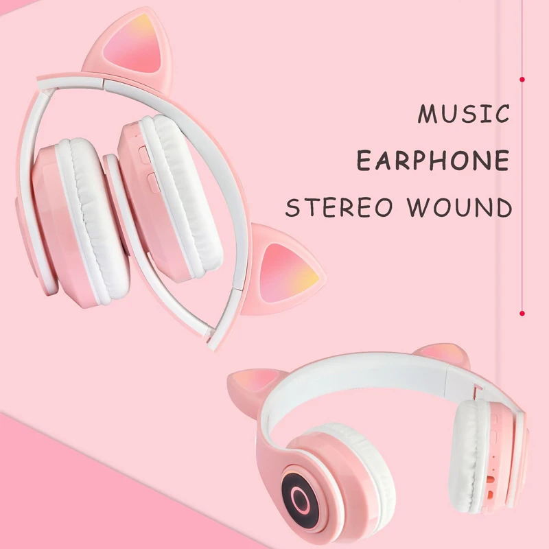 Kids Bluetooth5 0 Headphone Foldable LED Glowing Cat Earphone Music Headset with MIC for Handsfree Boys Girls Birthday Gifts
