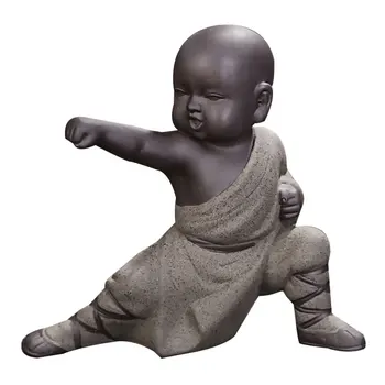 

1pc Kung Fu Monk Decor Purple Sands Statue Temple Style Ornament Tea Pet Arrangement for Home Shop (Posture 2)