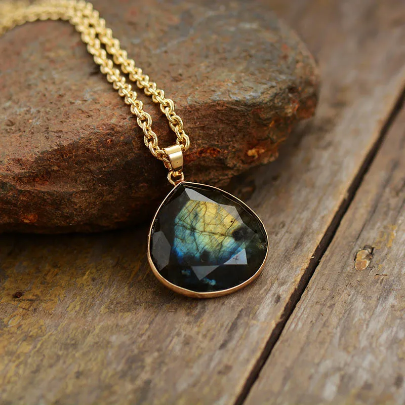 Natural Stone Teardrop Pendant Necklace Labradorite Gold Tone Chain Short Necklace Unique Gems Jewelry Wholesale Dropshipping - Image 2