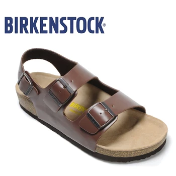 

2019 Original Birkenstock Men 803 Beach Slippers Milano Basalt Sandal Leisure Men's Unisex Shoes Leather Cork Sandals Slippers