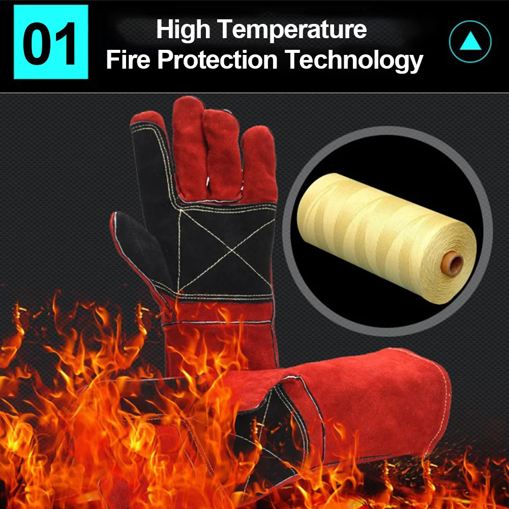 1 Pair Fireproof Labor Protection Faux Leather Soft Anti Cut Welding Glove Pruning Cow Split Wear Resistant Work Heat Resisting