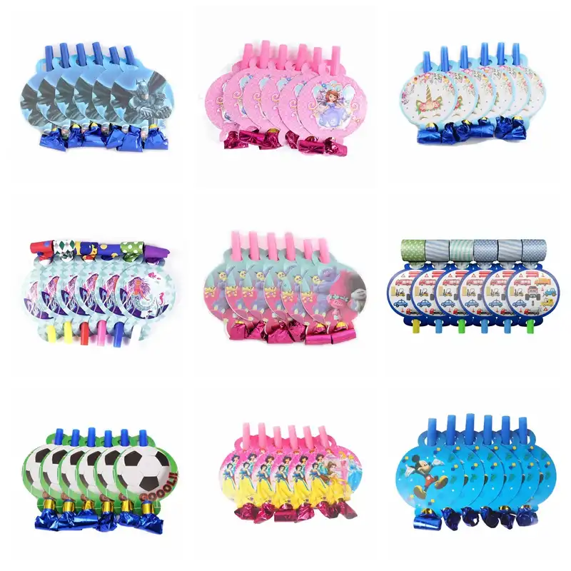 6 pçs unicórnio dos desenhos animados/princesa/spiderman/moana/soccer blowout assobios fabricante de ruído chuveiro do bebê crianças decoração da festa de aniversário