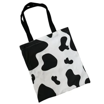

1pc Printed Canvas Bag Shopping Bag Tote Bag Milk Elements Simple Shopping Pouch Zipper Bag for Girls Students (Black White)
