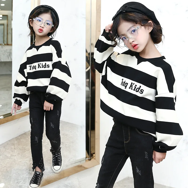 Детские футболки на весну-осень детский пуловер в Корейскую полоску с буквенным принтом Блузка Свободный хлопковый топ, одежда для девочек 8, 10, 12 лет - Цвет: Черный