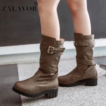 

ZALAVOR Women High Heel Boots Round Toe Platform Metal Buckle Mid Calf Ladies Boot Simple Shoes Women Footwear Size 34-39