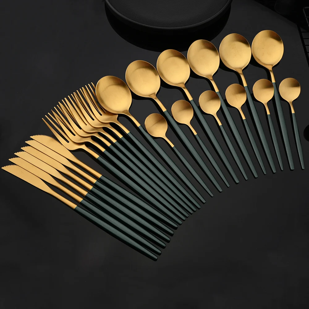 24/48pcs Green Gold Matte Flatware Cutlery Set Stainless Steel