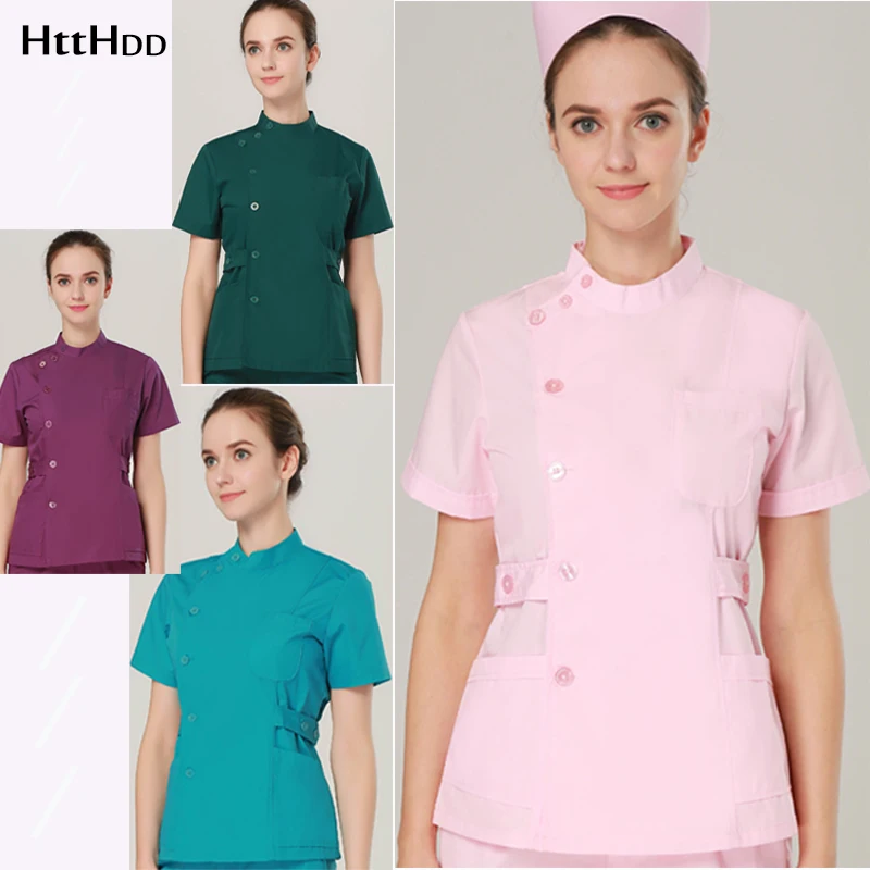 

New Summer Beauty Care Scrub Uniform Fashion Ms. Slim Fit Design Shirt Top Elegant Short Sleeve Breathable Fabric High Quality