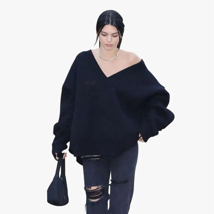 

Kendall Jenner Star Same Style V-neck Wool blend Soft Loose Sweater Fashion Solid Off Shoulder Commute Knitwear Autumn Winter