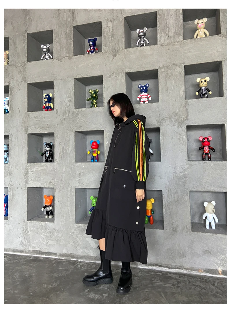 [EAM] Women Black Striped Ruffles Long Big Size Long Dress New Hooded Long Sleeve Loose Fit Fashion Spring Autumn 2020 1DA229