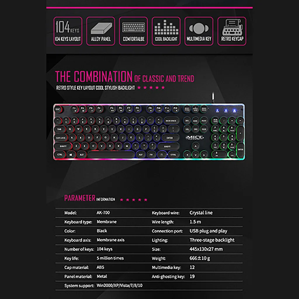 IMice AK-700 игровая клавиатура с подсветкой и подсветкой RGB Gamer для ПК и ноутбука