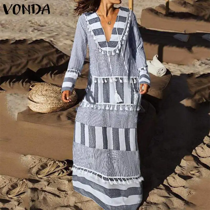 VONDA Cotton Maternity Dress Stripe V Neck Autumn Long Sleeve Maxi Dresses Tassel Patchwork Vestidos Loose Beach Sundress Robe