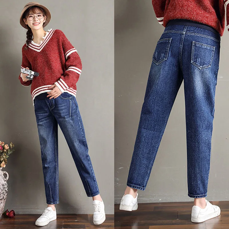 Корейская мода для беременных Леггинсы осенне-зимняя одежда брюки сохраняющие тепло однотонные брюки для беременных женщин женские джинсовые