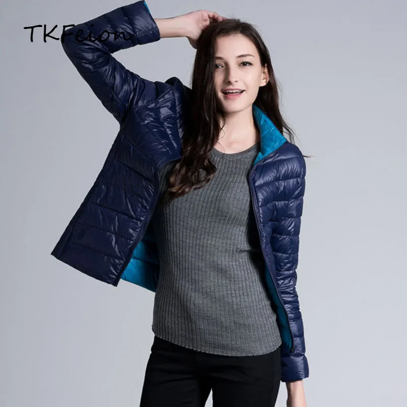 

Women Down Jackets Super Light Thin Style 2019 Fall Autumn Winter Female Slim Short Coats Stand Collar Fashion Double-sided Wear