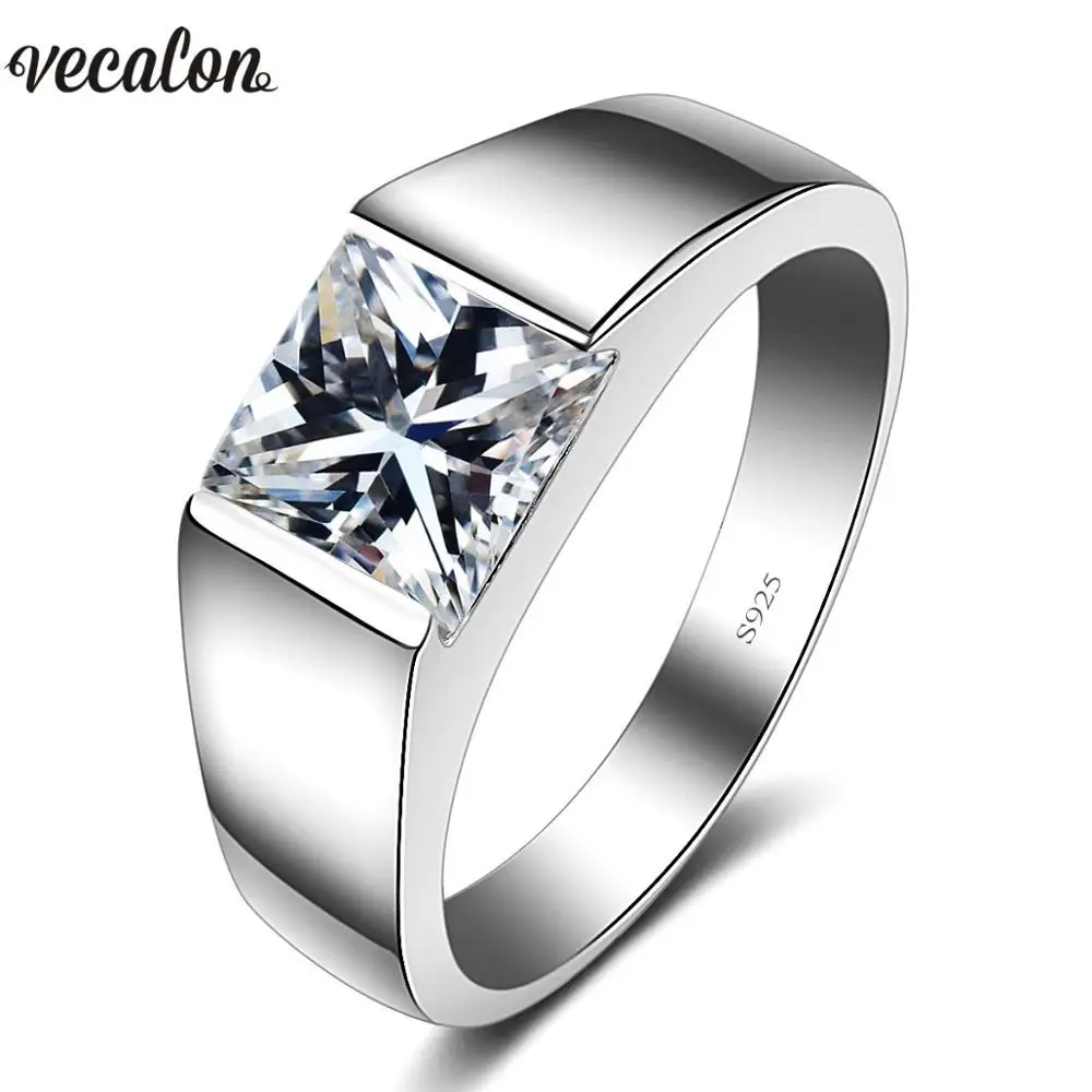 Vecalon solitaire 925 sterling silver male promise ring princess cut 3ct AAAAA Cz engagement wedding band