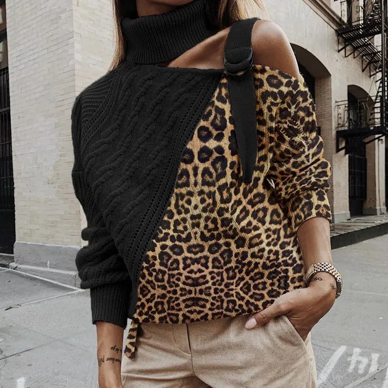 Европейский ремень лацканы женский свитер с открытыми плечами Леопардовый принт пэтчворк о-образный вырез женские джемперы Топы Модный женский пуловер