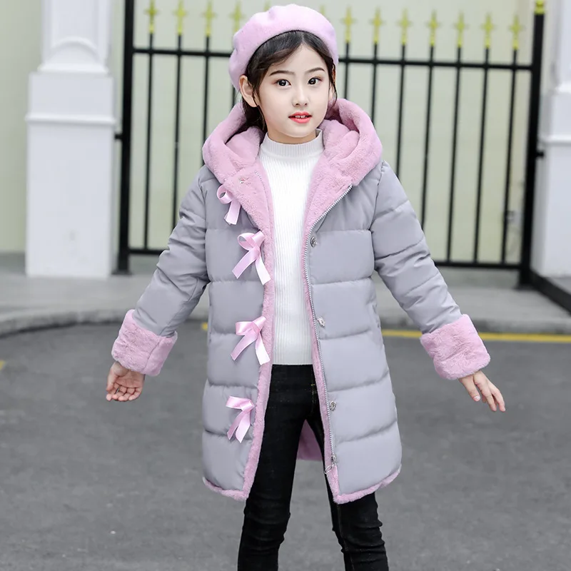 Новинка года, модная детская зимняя куртка зимнее пальто для девочек детские теплые плотные длинные пальто с капюшоном для подростков, От 4 до 12 лет, парка для девочек - Color: Gray