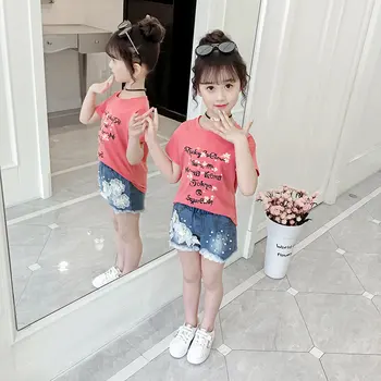 

New Fashion Little Girls Clothing Set Floral Printing T-Shirt Top & Denim Shorts Summer Korean Cute Toddler Teenager Kids Outfit