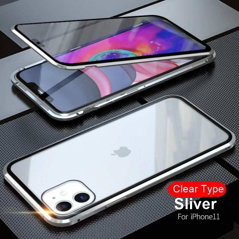 Магнитный чехол Tongdytech для Iphone 11 Pro XS MAX X 7 8 Plus, металлический чехол для телефона, двусторонний чехол из закаленного стекла 360, чехол s - Цвет: Sliver