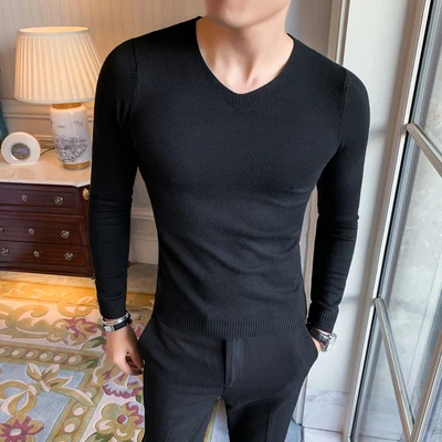 Эластичный облегающий джемпер мужской свитер с v-образным вырезом осенняя и зимняя Корейская футболка с длинными рукавами