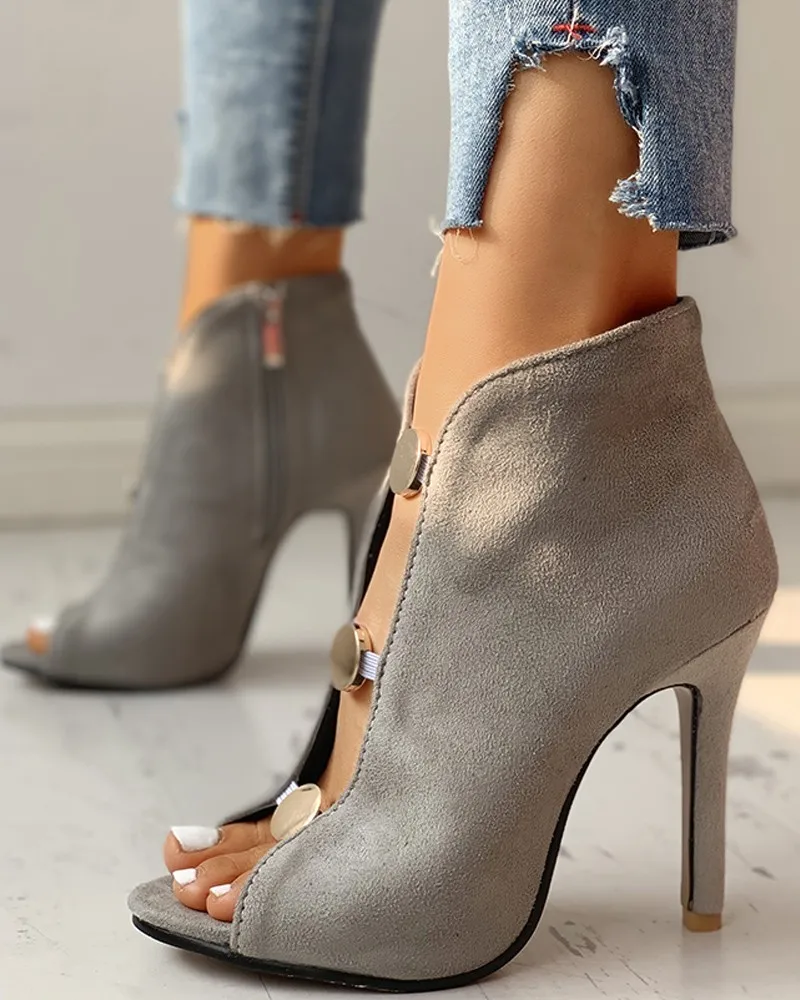 Fashion New Women's High Heels New Sexy Zipper Flock Open Toe Heel Women Pumps Solid Color Metal Decor Ladies Shoes