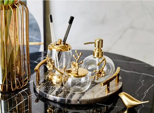 Bath Accessory Set Light Luxury Bathroom Accessories Brass Transparent  Crystal Glass Lotion Bottle Storage Tank Cotton Swab Box Marble Tray