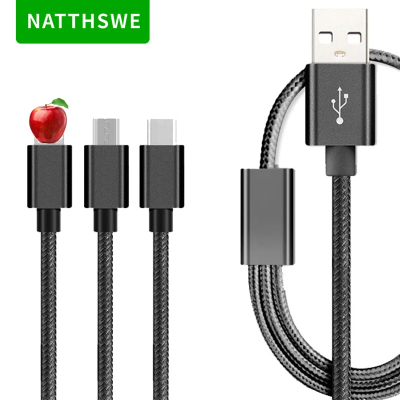 NATTHSWE 3 в 1 кабель для передачи данных Micro usb type-C кабель для быстрой зарядки для iPhone X 8 7 6 iPad samsung Android Phone - Color: Black