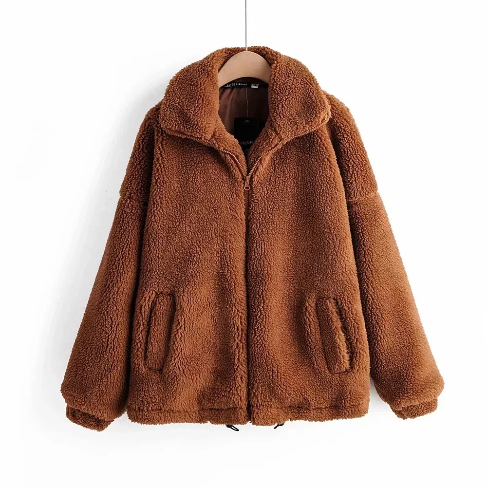 Autumn And Winter New Style Lambs Wool Coat Women's Western Style Fold-down Collar Loose-Fit Zipper Cotton Coat Keep Warm C